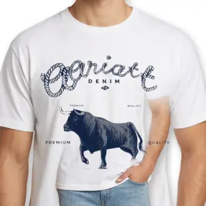 Vintage Bull Western Denim Graphic T-Shirt 8 Close-up of bull design on a western denim graphic t-shirt.
