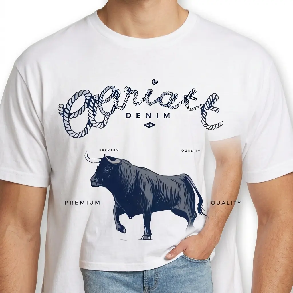 Close-up of bull design on a western denim graphic t-shirt.