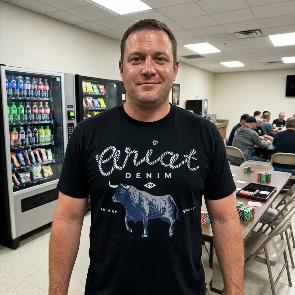 Person wearing a vintage bull western denim t-shirt outdoors.