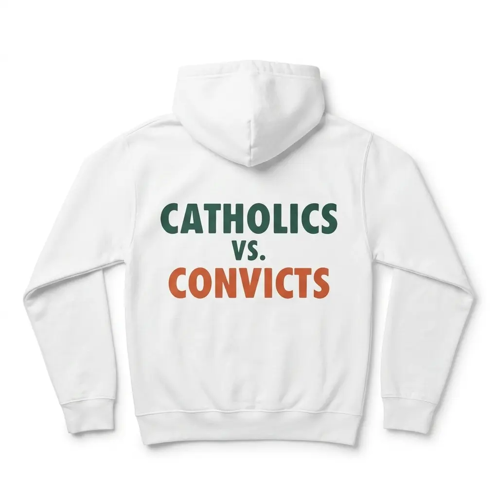 Vintage Catholics vs Convicts Football Shirt 2 Back view of the vintage Catholics vs Convicts shirt, highlighting the green and orange lettering.