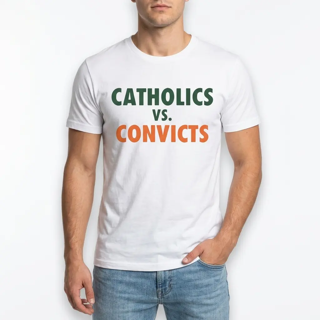Vintage Catholics vs Convicts Football Shirt 3 Side view of the vintage Catholics vs Convicts shirt, displayed on a flat surface.
