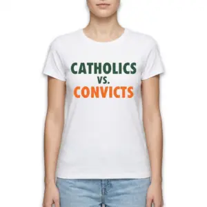 Vintage Catholics vs Convicts Football Shirt 9 Close-up of the vintage Catholics vs Convicts shirt fabric and print detail.