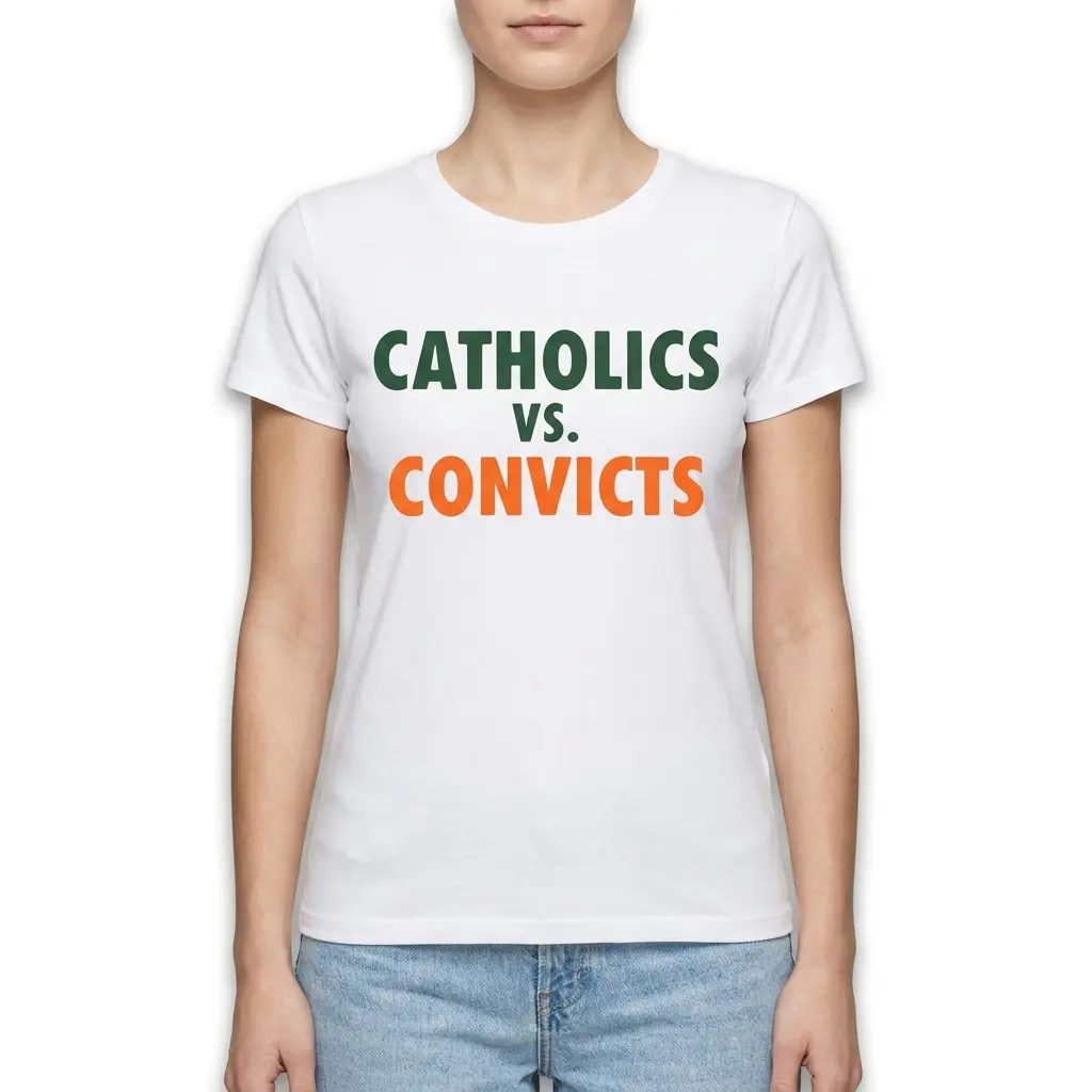Vintage Catholics vs Convicts Football Shirt 4 Close-up of the vintage Catholics vs Convicts shirt fabric and print detail.