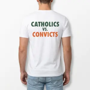 Vintage Catholics vs Convicts Football Shirt 10 Full view of the vintage Catholics vs Convicts football shirt laid out flat.