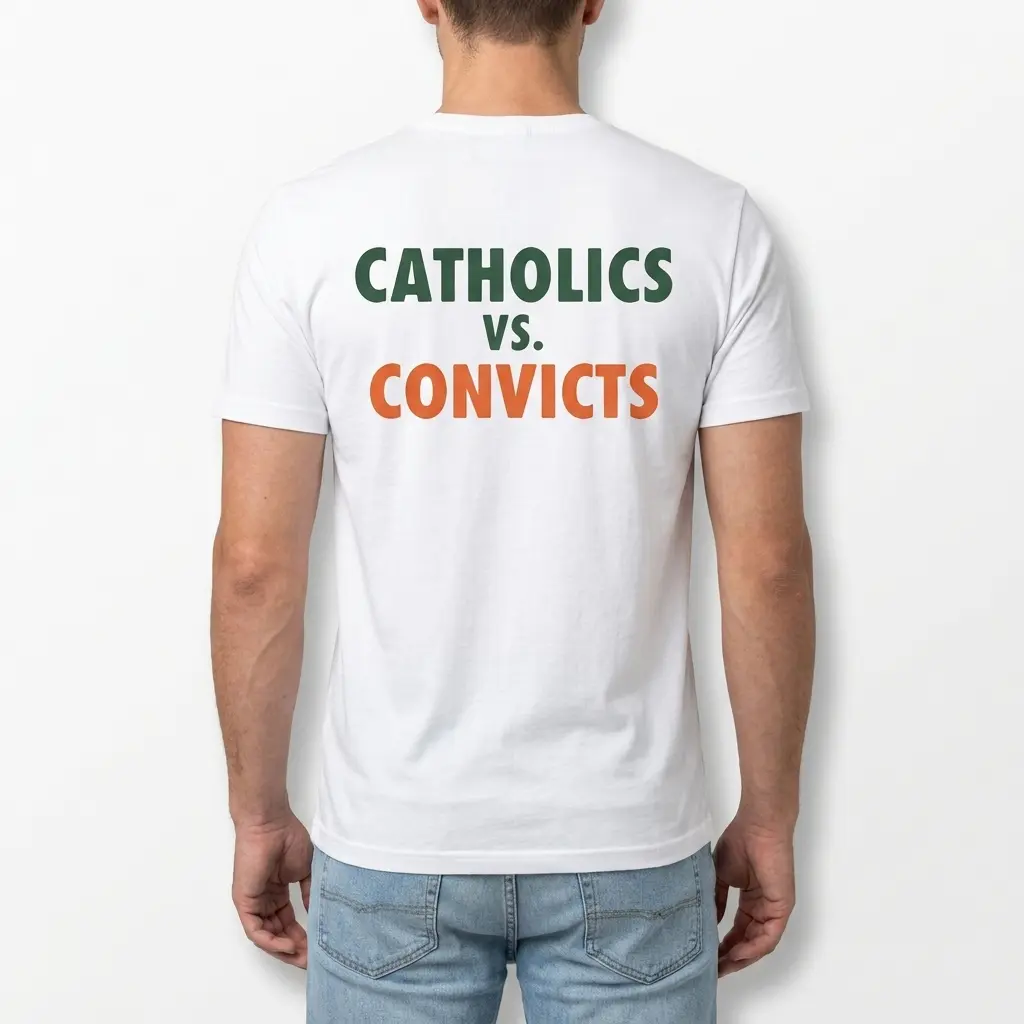 Vintage Catholics vs Convicts Football Shirt 5 Full view of the vintage Catholics vs Convicts football shirt laid out flat.