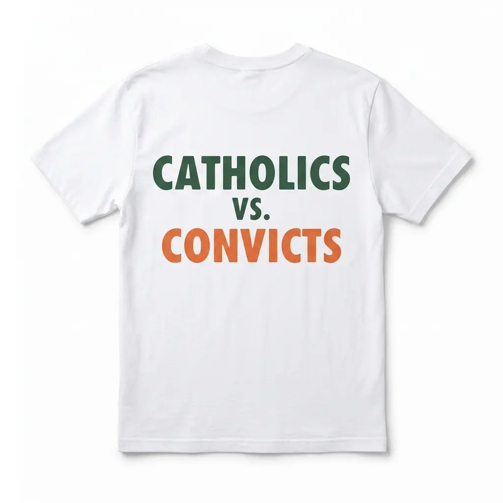 Vintage Catholics vs Convicts Football Shirt 1 Front view of a vintage Catholics vs Convicts football shirt in white, showcasing bold text.