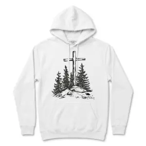 Vintage Christian Cross Pine Trees T-Shirt 7 T-shirt with a Christian cross and pine tree graphic on a flat lay.