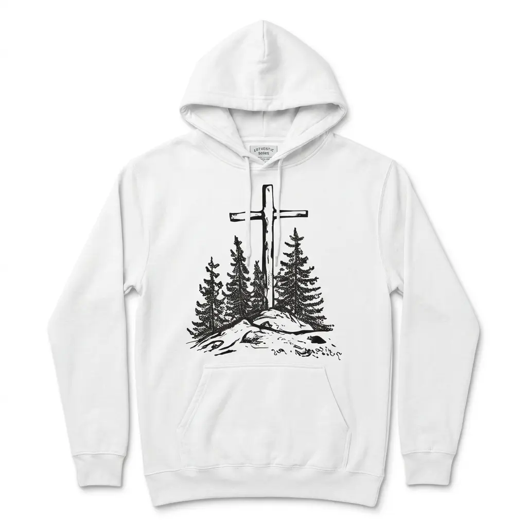 Vintage Christian Cross Pine Trees T-Shirt 2 T-shirt with a Christian cross and pine tree graphic on a flat lay.