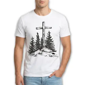 Vintage Christian Cross Pine Trees T-Shirt 8 Close-up of a cross and trees illustration on a white shirt.