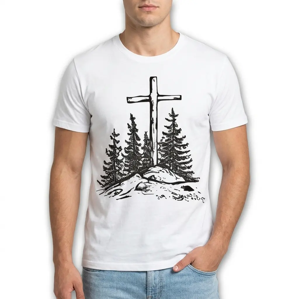 Vintage Christian Cross Pine Trees T-Shirt 3 Close-up of a cross and trees illustration on a white shirt.