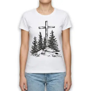 Vintage Christian Cross Pine Trees T-Shirt 9 Detailed view of vintage cross and nature design on t-shirt.