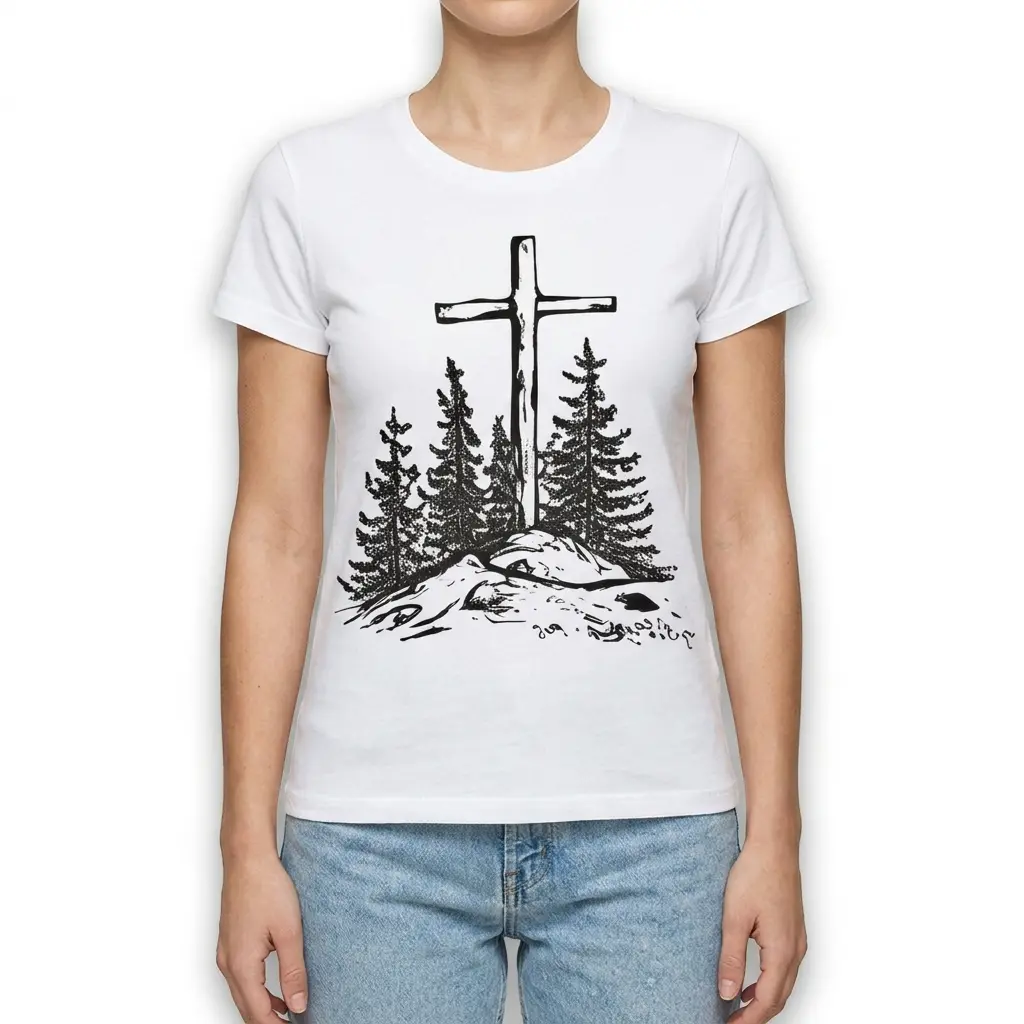 Vintage Christian Cross Pine Trees T-Shirt 4 Detailed view of vintage cross and nature design on t-shirt.