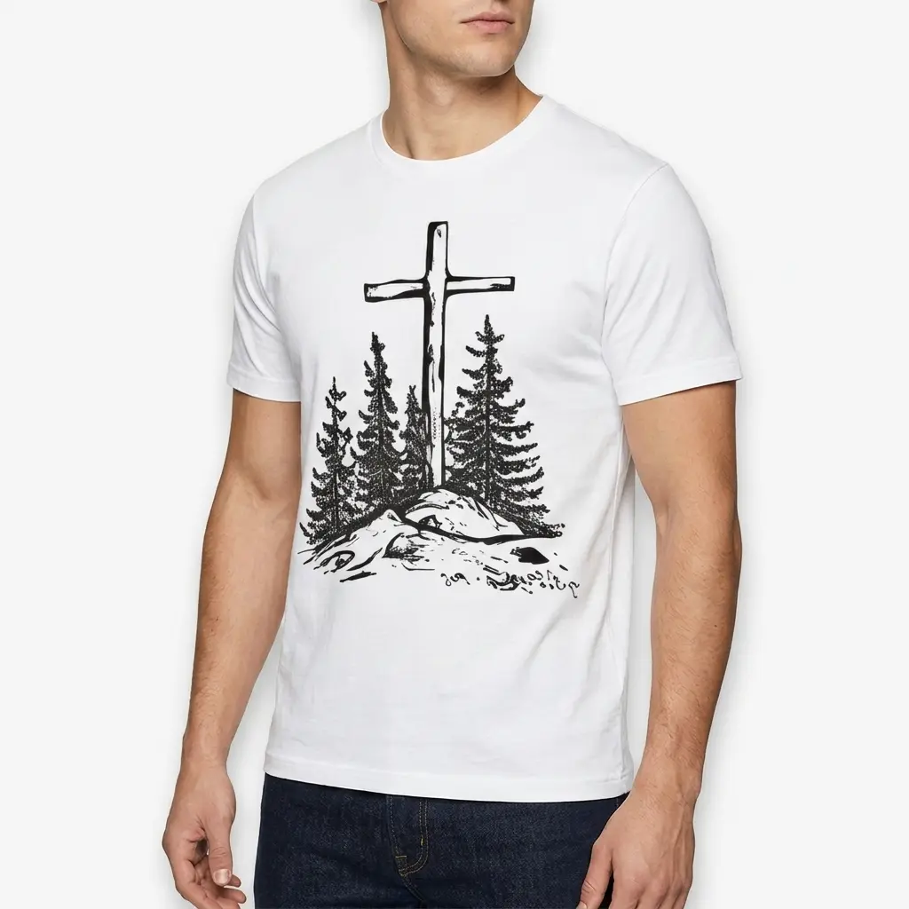 Vintage Christian Cross Pine Trees T-Shirt 5 Christian cross and pine trees printed on a casual white shirt.