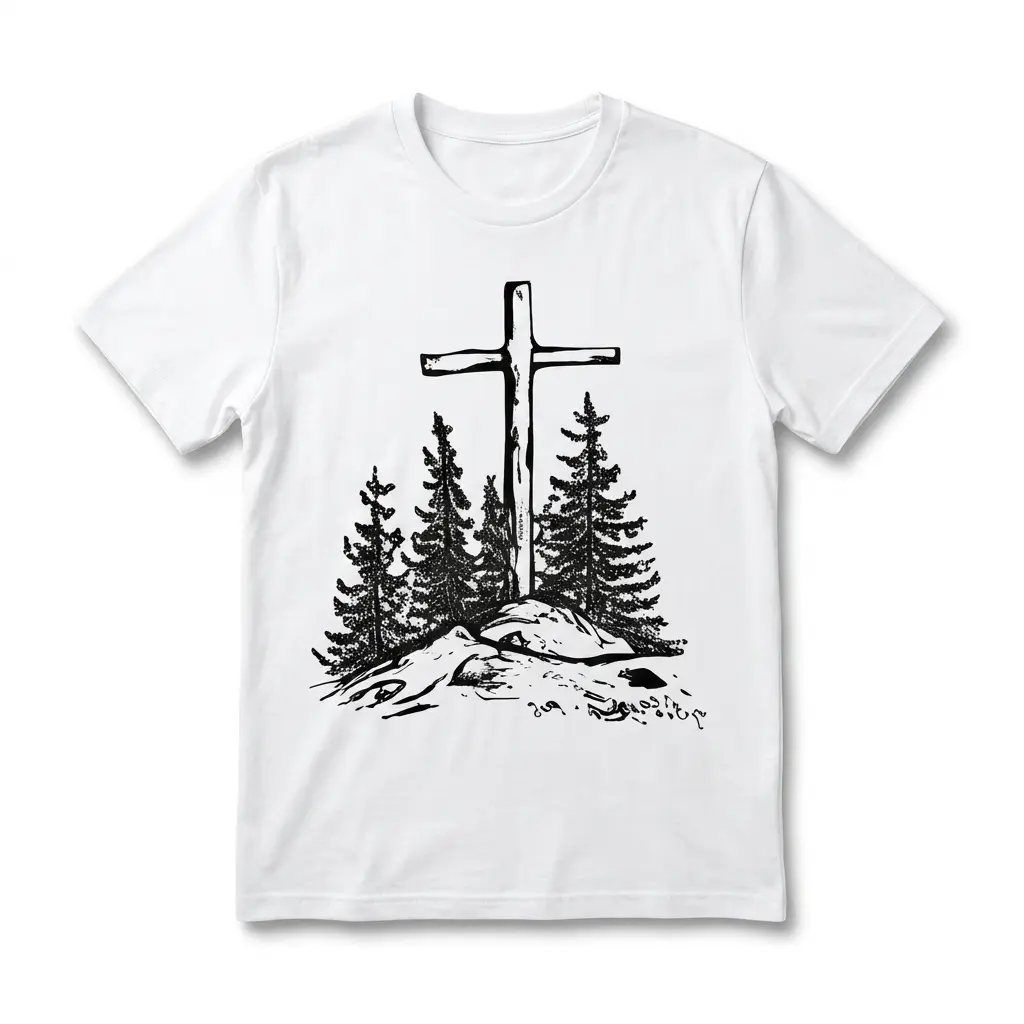 Vintage Christian Cross Pine Trees T-Shirt 1 White t-shirt featuring a vintage cross among pine trees design.