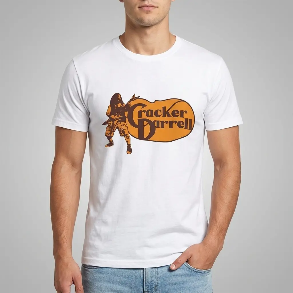 Close-up of Cracker Darrell logo on a white shirt.