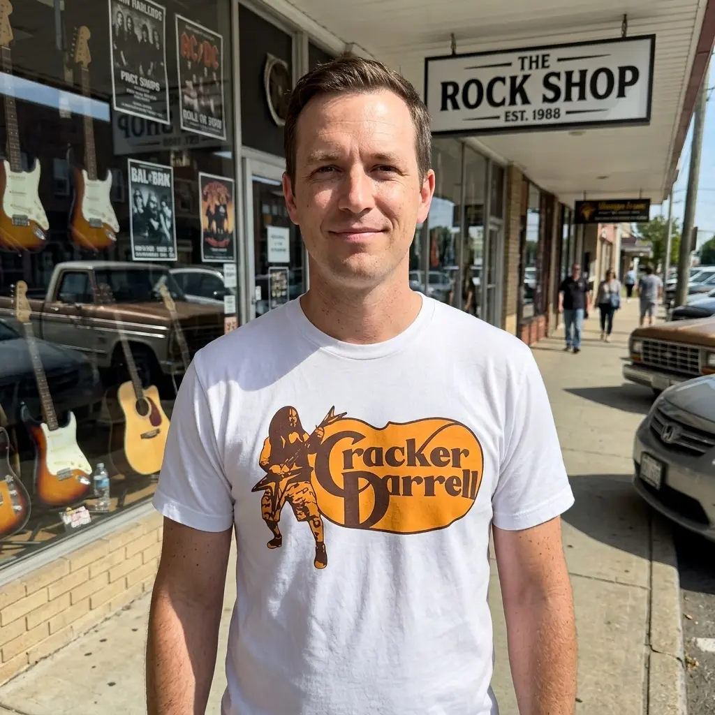 Person wearing a vintage metal parody T-shirt.