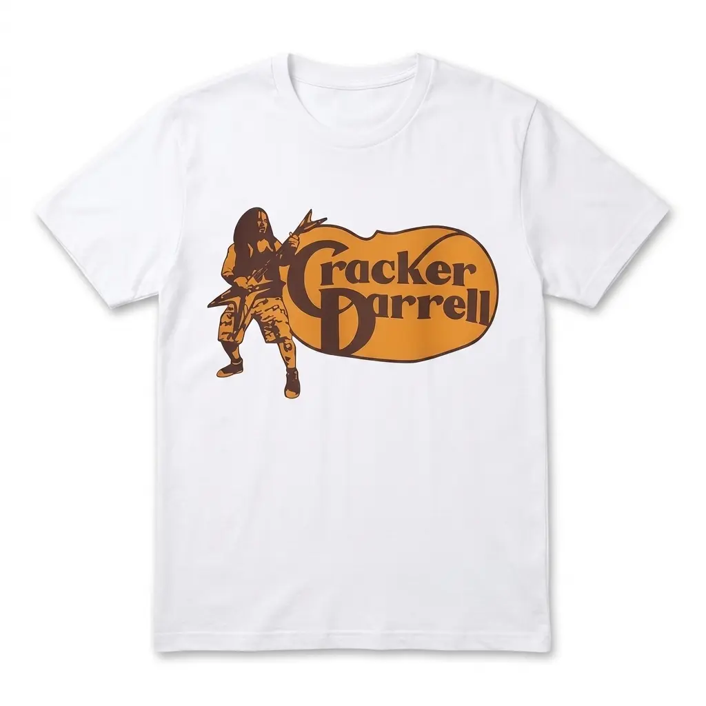 White T-shirt with Cracker Darrell metal parody design.