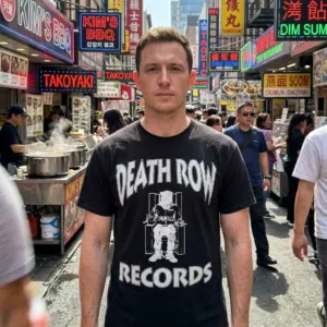 Vintage Death Row Records Hip Hop T-Shirt 11 Model wearing the Death Row Records shirt in an urban setting, emphasizing its streetwear style.