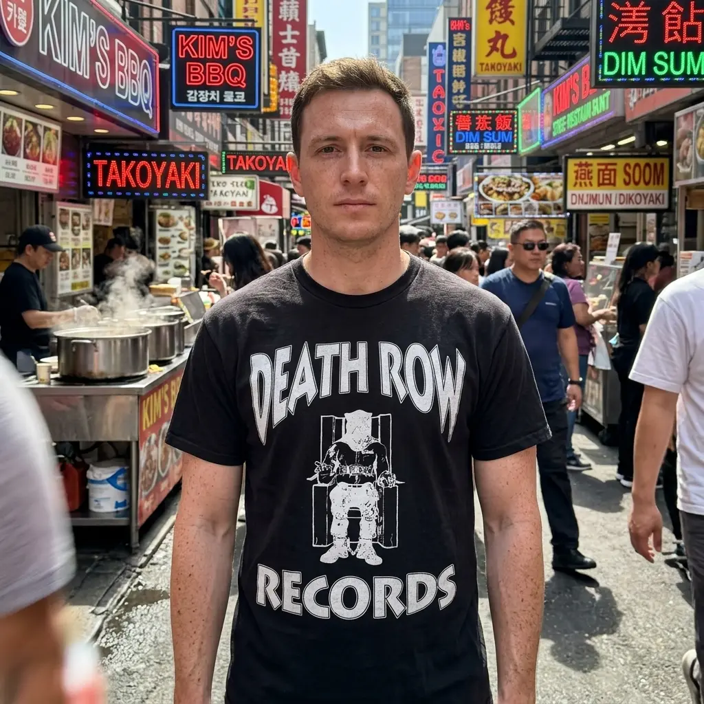 Vintage Death Row Records Hip Hop T-Shirt 6 Model wearing the Death Row Records shirt in an urban setting, emphasizing its streetwear style.