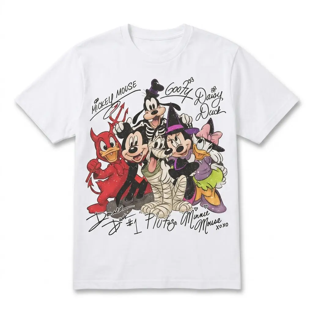 White T-shirt featuring Disney characters in Halloween costumes.