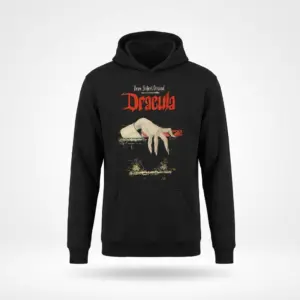 Vintage Dracula Gothic Horror T-Shirt 7 Front flat lay of a hoodie with retro Gothic Dracula design, showcasing vintage artwork.
