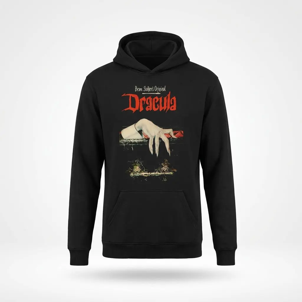 Front flat lay of a hoodie with retro Gothic Dracula design, showcasing vintage artwork.