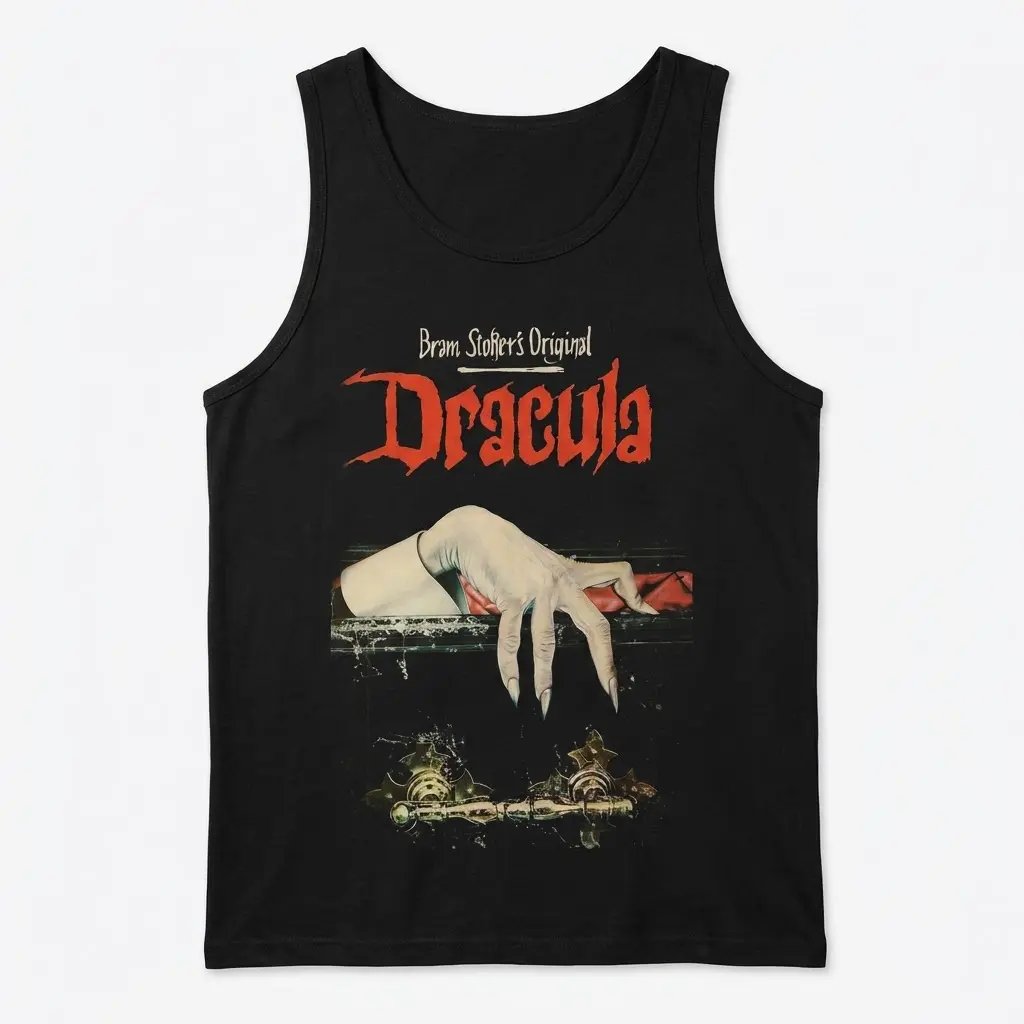 Front flat lay of a tank top displaying a retro Dracula Gothic design, classic novel cover print.