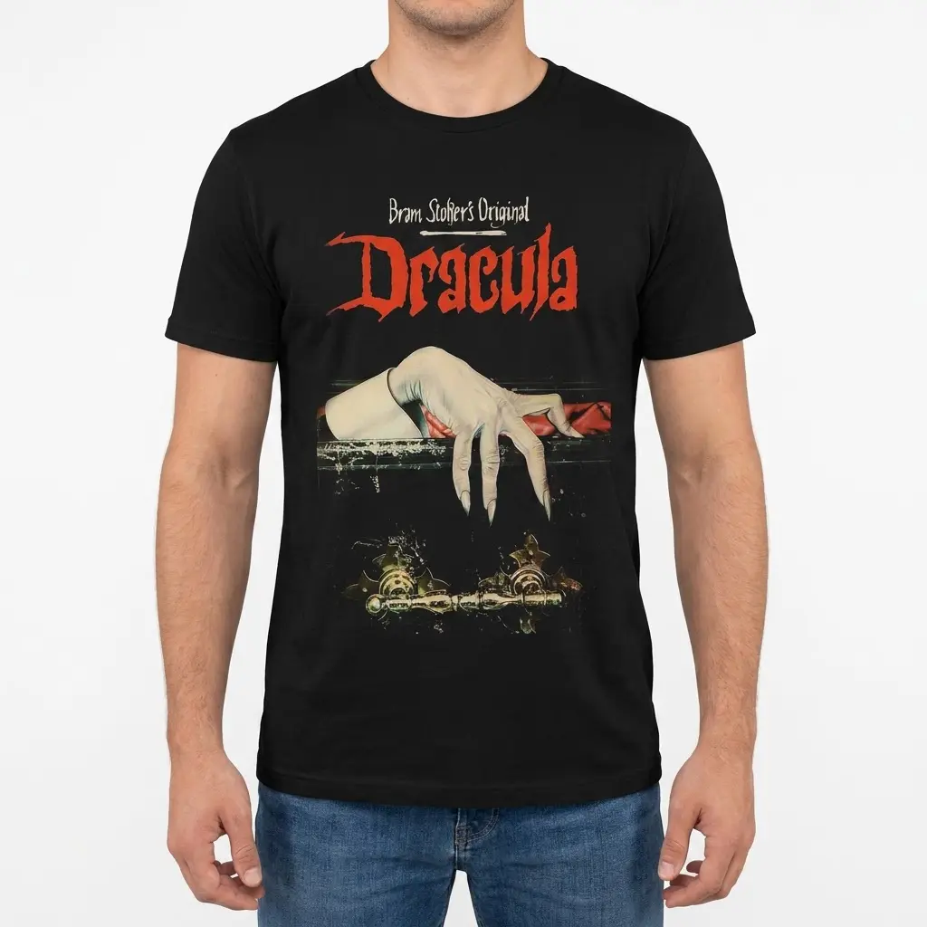Man modeling a Gothic Dracula t-shirt with a vintage design inspired by classic literature.