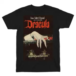 Front flat lay of a retro Gothic Dracula t-shirt featuring vintage cover art.