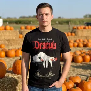 Vintage Dracula Gothic Horror T-Shirt 10 Lifestyle setting showcasing Gothic Dracula t-shirt, highlighting retro horror novel art.