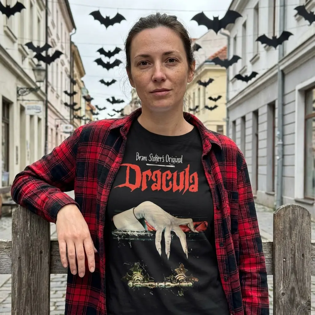 Vintage Dracula t-shirt displayed in a lifestyle context, emphasizing classic Gothic design.
