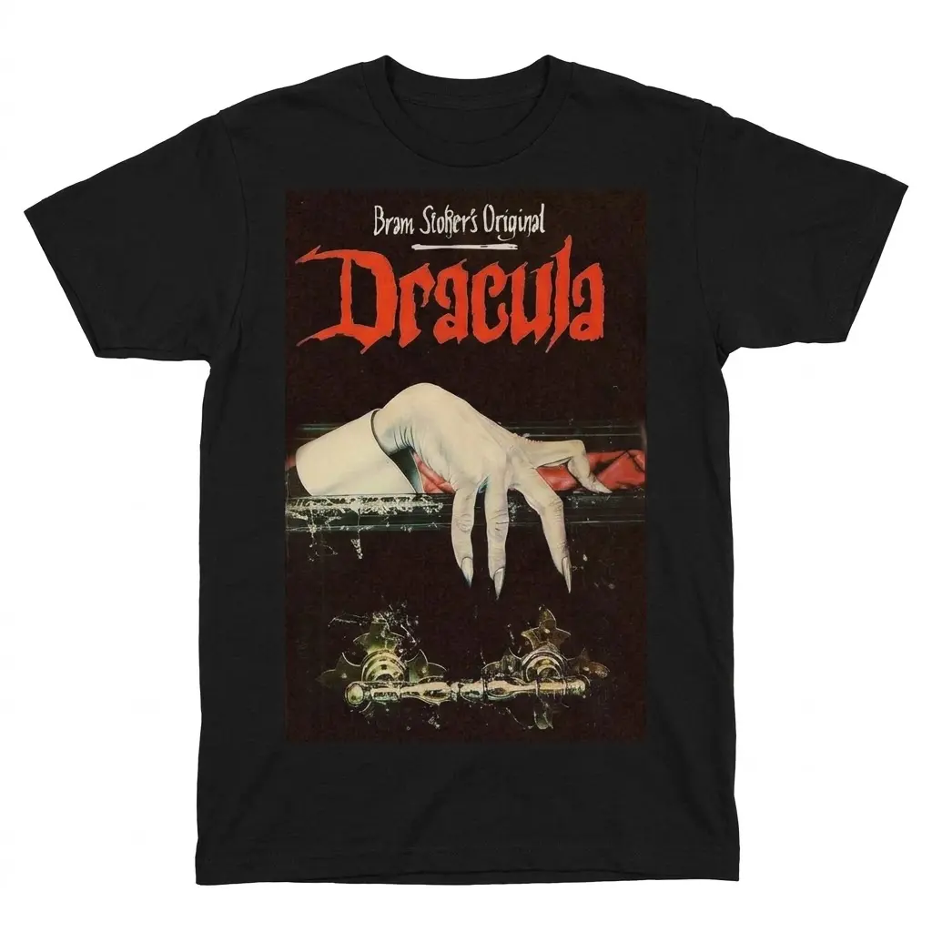 Front flat lay of a retro Gothic Dracula t-shirt featuring vintage cover art.