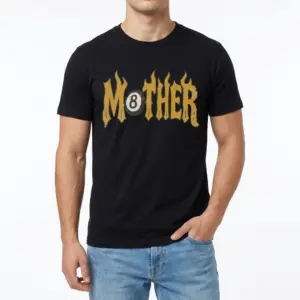 Vintage Flame Mother Edgy Graphic T-Shirt 8 Close-up of graphic t-shirt design with flaming 'Mother' text and 8-ball.