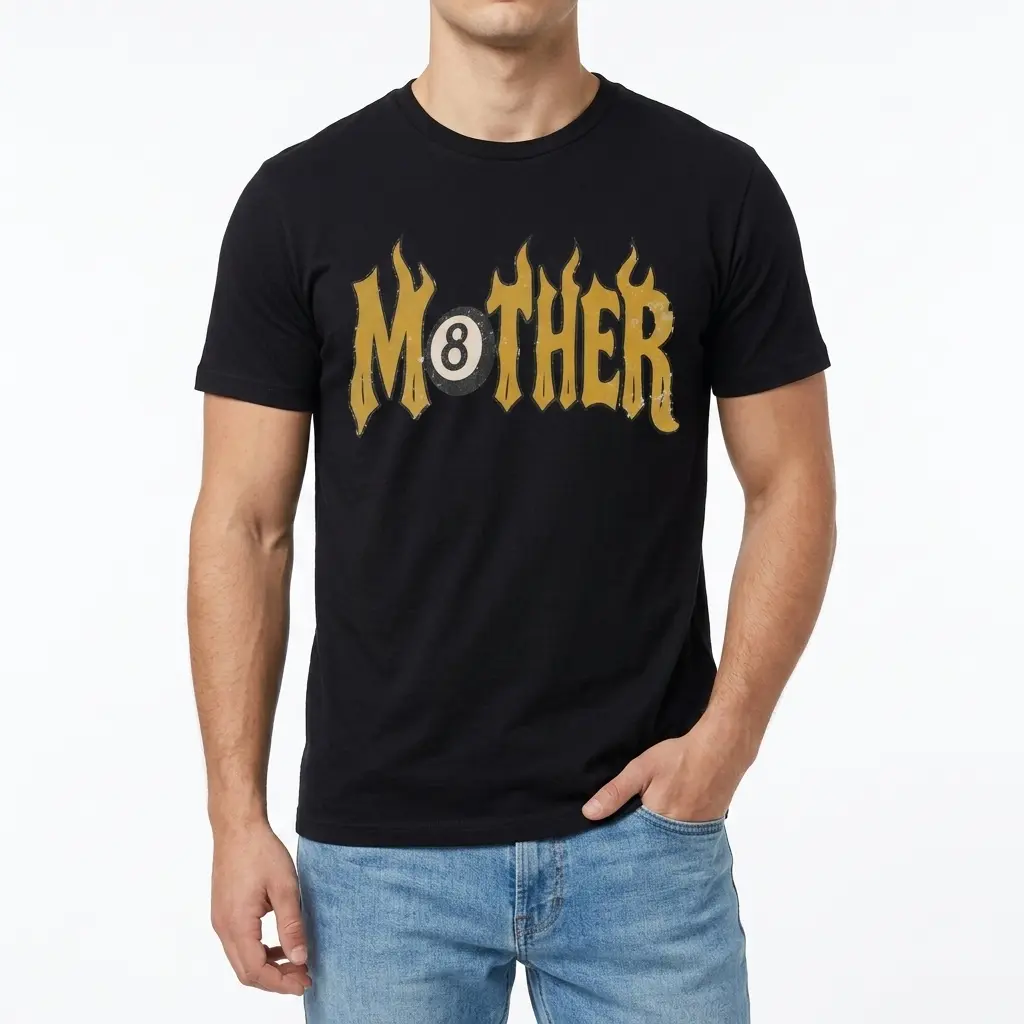 Close-up of graphic t-shirt design with flaming 'Mother' text and 8-ball.