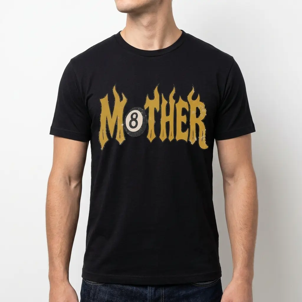 Detailed look at 'Mother' in flame font on black tee with an 8-ball.