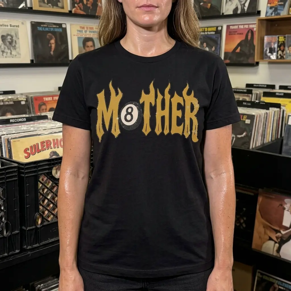 Person wearing a black t-shirt with 'Mother' flame graphic and 8-ball featured.