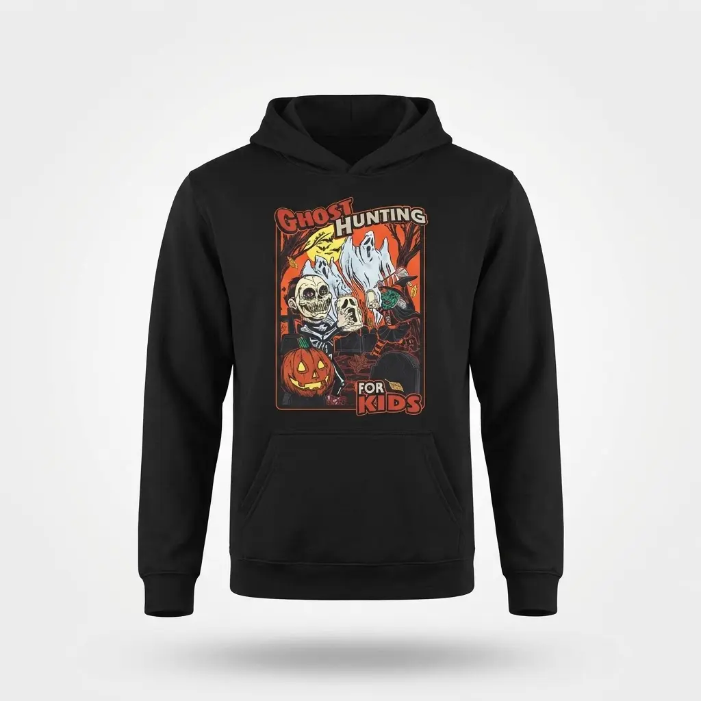 Vintage Ghost Hunting for Kids Halloween T-Shirt 2 Hoodie featuring a retro ghost hunting for kids illustration.