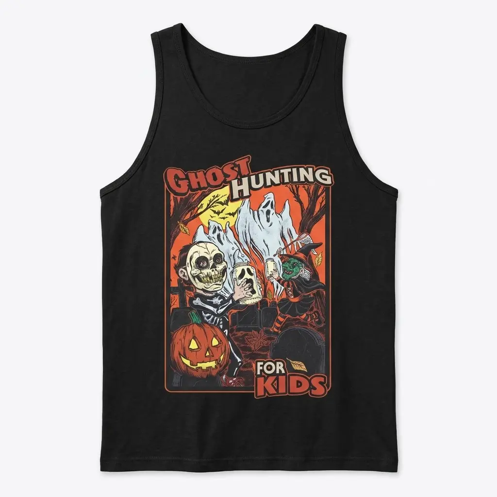 Vintage Ghost Hunting for Kids Halloween T-Shirt 3 Tank top displaying a vintage kids ghost-catching graphic.