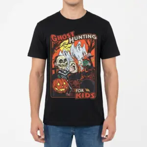 Vintage Ghost Hunting for Kids Halloween T-Shirt 9 Man wearing a T-shirt with a vintage spooky ghost hunting theme.