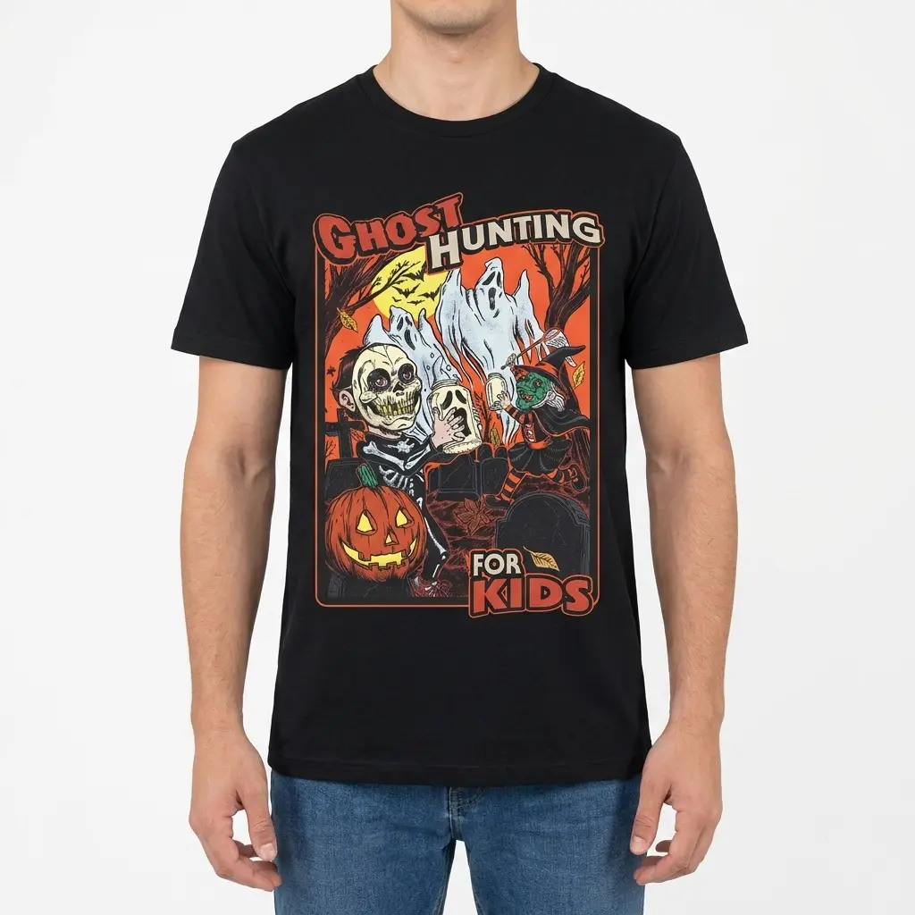 Vintage Ghost Hunting for Kids Halloween T-Shirt 4 Man wearing a T-shirt with a vintage spooky ghost hunting theme.