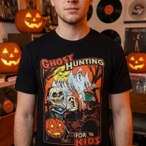 Vintage Ghost Hunting for Kids Halloween T-Shirt 10 Person enjoying an activity while wearing a kids ghost hunting T-shirt.