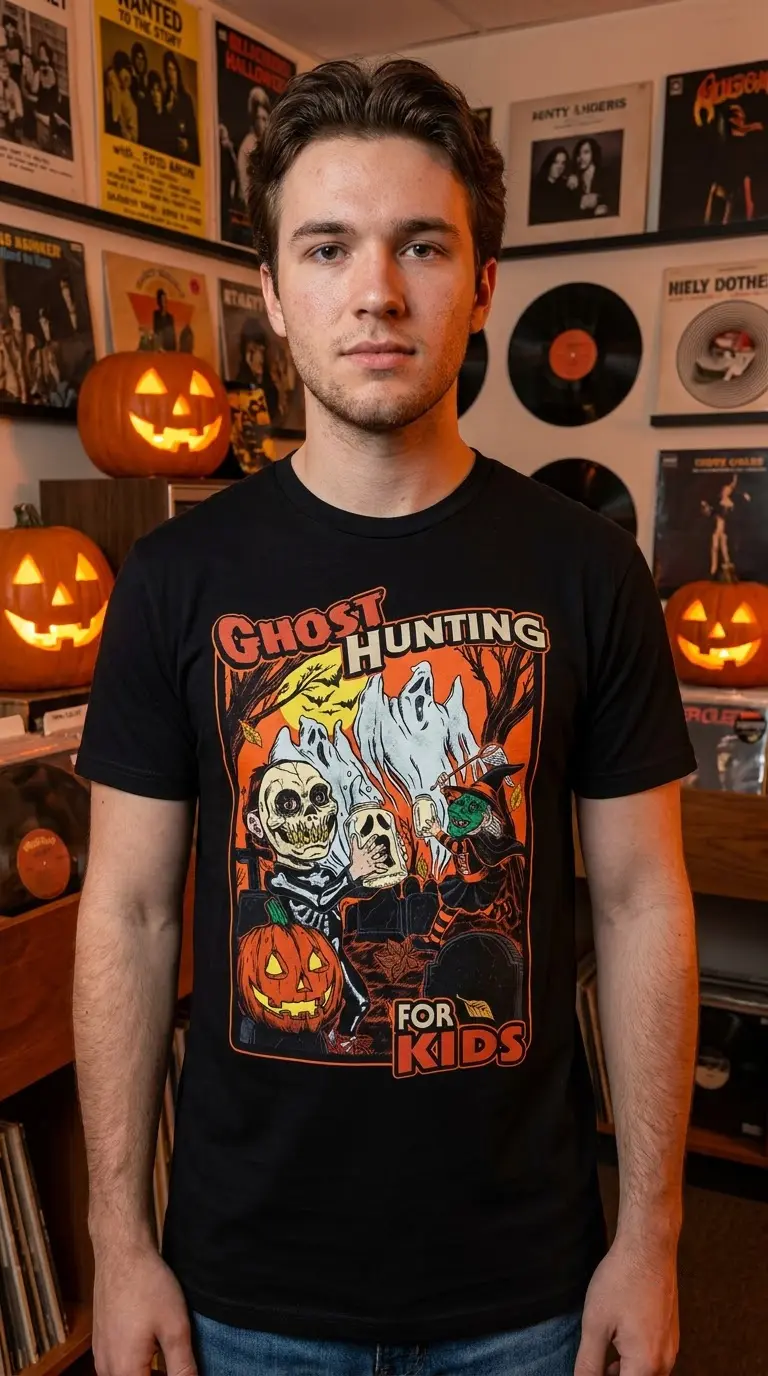Vintage Ghost Hunting for Kids Halloween T-Shirt 5 Person enjoying an activity while wearing a kids ghost hunting T-shirt.