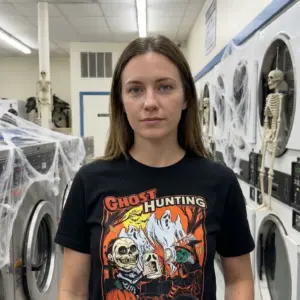 Vintage Ghost Hunting for Kids Halloween T-Shirt 11 Individual dressed in a retro ghost hunting T-shirt in a casual setting.