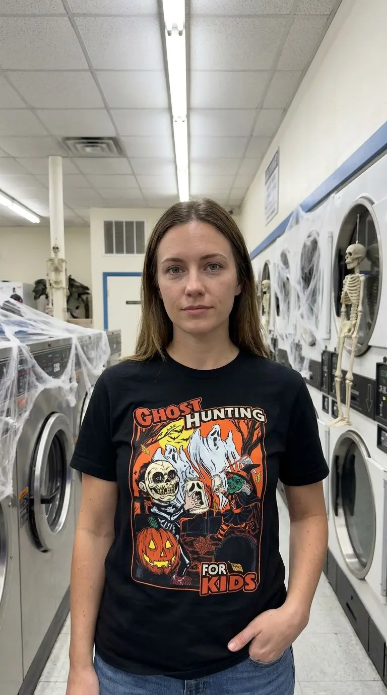 Vintage Ghost Hunting for Kids Halloween T-Shirt 6 Individual dressed in a retro ghost hunting T-shirt in a casual setting.