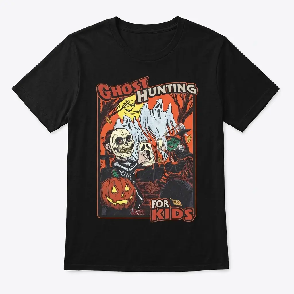 Vintage Ghost Hunting for Kids Halloween T-Shirt 1 T-shirt with vintage-style kids ghost hunting illustration in a graveyard.