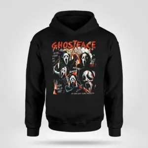 Vintage Ghostface Scream Movie Fan Graphic Tee 7 Front flat lay of a hoodie displaying a Ghostface horror theme.