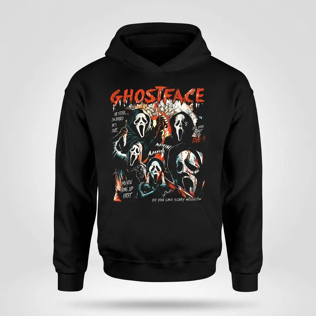 Vintage Ghostface Scream Movie Fan Graphic Tee 2 Front flat lay of a hoodie displaying a Ghostface horror theme.