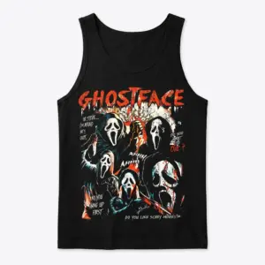 Vintage Ghostface Scream Movie Fan Graphic Tee 8 Front flat lay of a tank top featuring a Ghostface horror collage.
