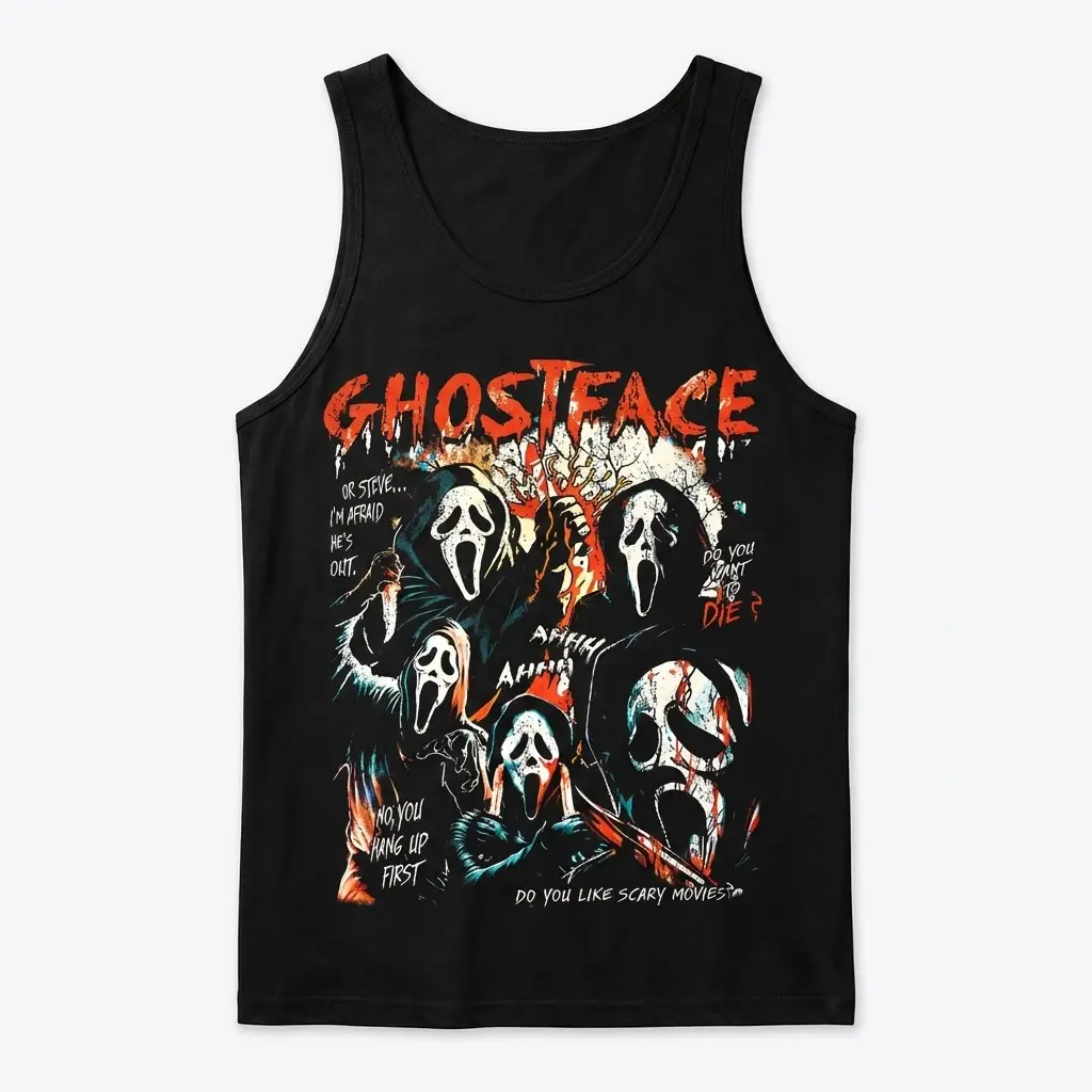 Vintage Ghostface Scream Movie Fan Graphic Tee 3 Front flat lay of a tank top featuring a Ghostface horror collage.