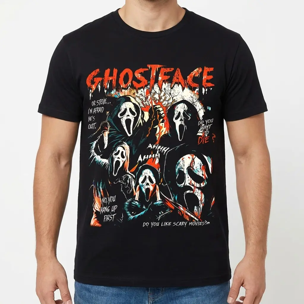 Vintage Ghostface Scream Movie Fan Graphic Tee 4 Male model wearing a Ghostface horror t-shirt with classic slasher design.